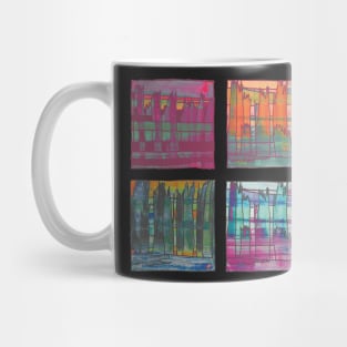 Liminal Space in Orange, Bordeaux, Bottle Green and Sapphire Blue through 4 windows Mug